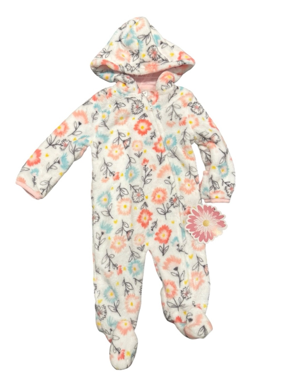 Little Beginnings Baby Girls Floral Hooded Fleece One-Piece Winter Sz 3-6 Months